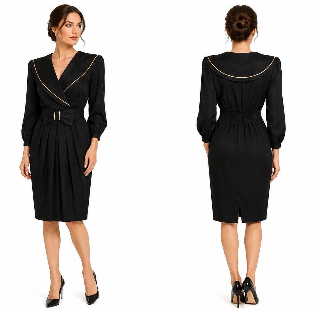 Vintage 1980s Jonathan Martin Silk Sailor Collar Dress Black Gold Bow Small